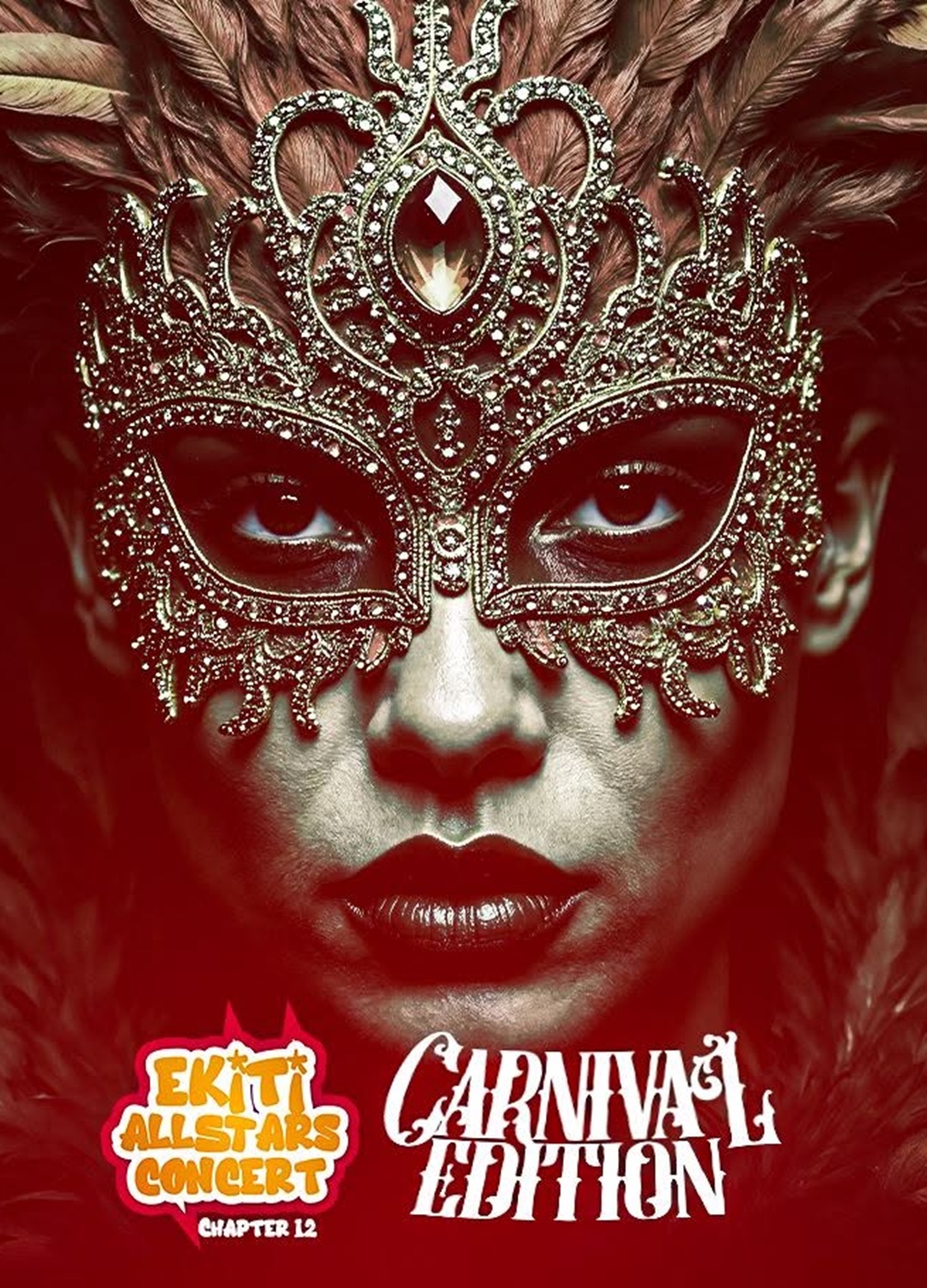 Chapter 12 flyer: a jewelled masquerade mask in deep red, Carnival Edition