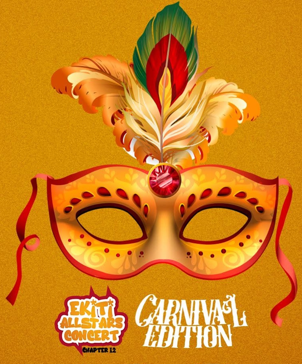 Chapter 12 flyer: a gold carnival mask with feathers, Carnival Edition